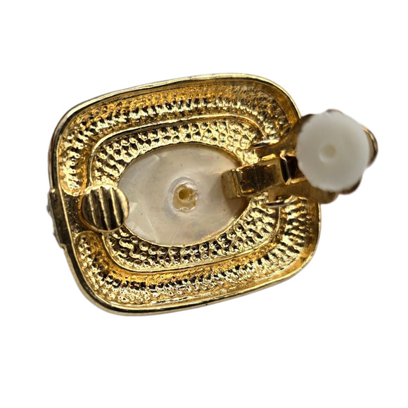 Clip On Earrings Black Enamel Gold Tone Faux Pearl Rhinestone Bold SKU2392 - Picture 5 of 5